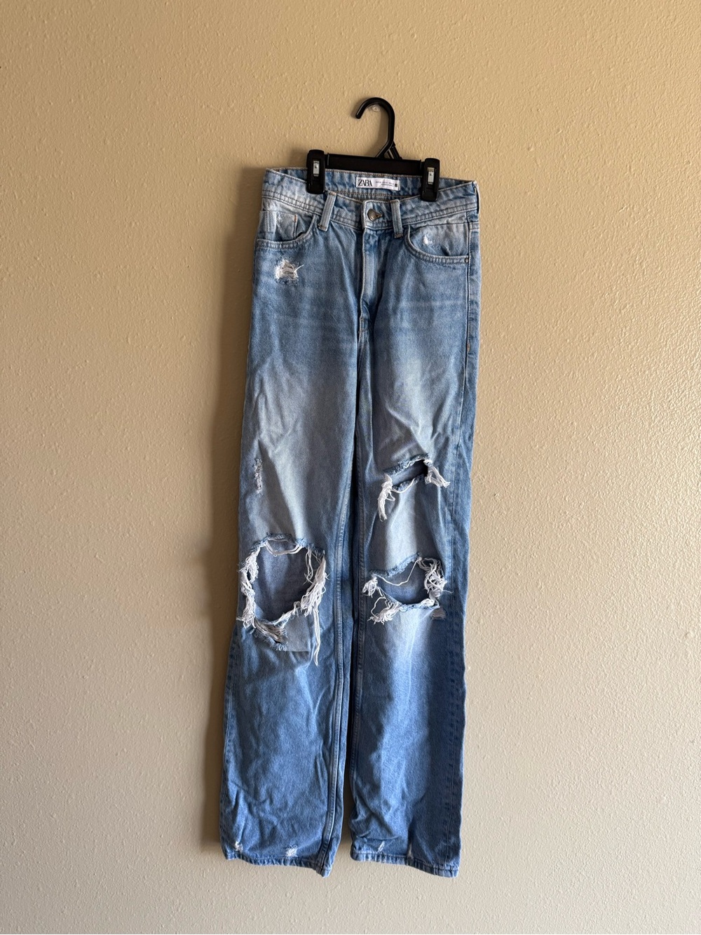 Zara Light Blue Distressed Wide-Leg Jeans